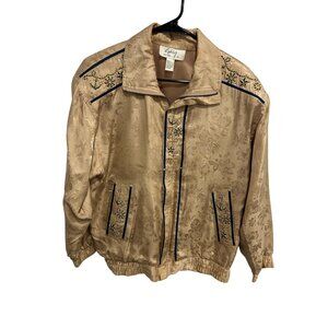 Vintage Shiny New York Jacket Size S 100% Silk Nautical Embroidery Retro Coasta